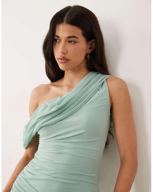 ASOS Green Mesh Off Shoulder Drape Maxi Dress With Ruching Detailing In