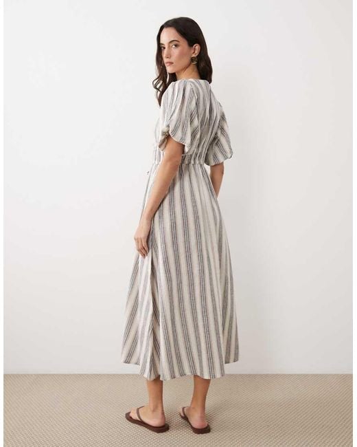 New Look Natural Stripe Puff Sleeve Midi Dress
