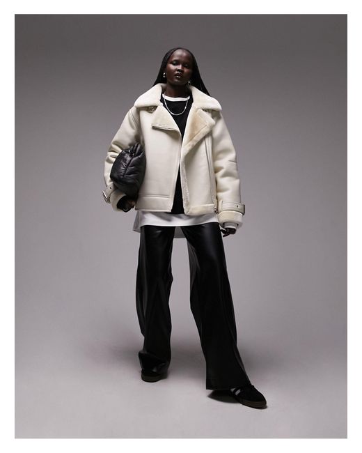 Faux Leather Shearling Aviator Biker Jacket in Gray Lyst