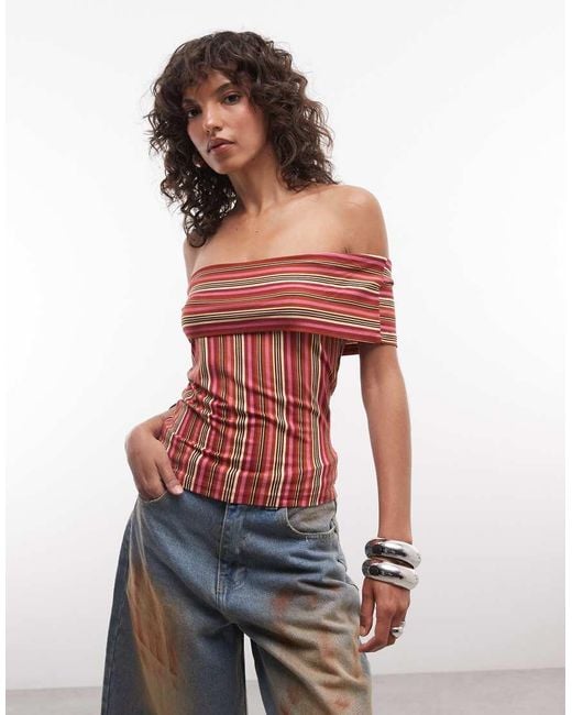 Reclaimed Vintage Red Bardot Striped Jersey Top