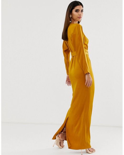 Black Satin Batwing Arms with Back Chain detail Evening Dress - Modabele