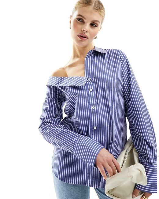 Stradivarius Blue Off Shoulder Detail Poplin Stripe Shirt