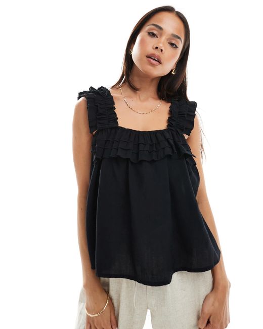 Vero Moda Black Pleated Ruffle Trim Cami
