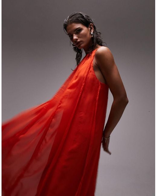 TOPSHOP Red Sleeveless Panelled Midi Dress