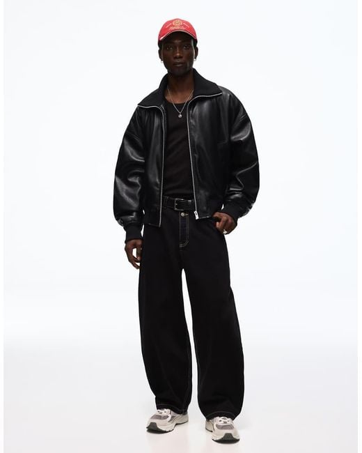Bershka Black Faux Leather Rib Bomber Jacket for men