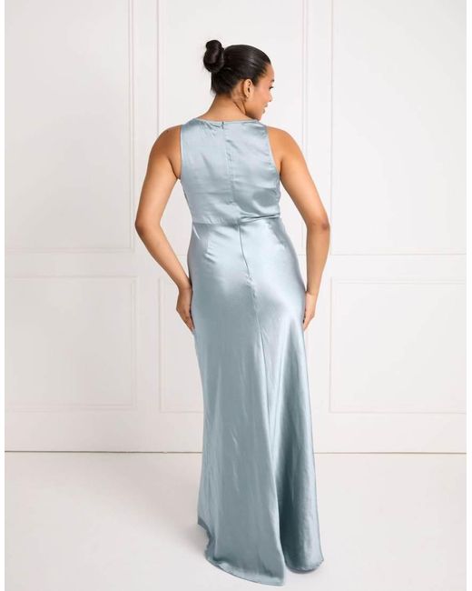 Six Stories Blue Bridesmaid Satin Cowl V Neck Maxi Dress