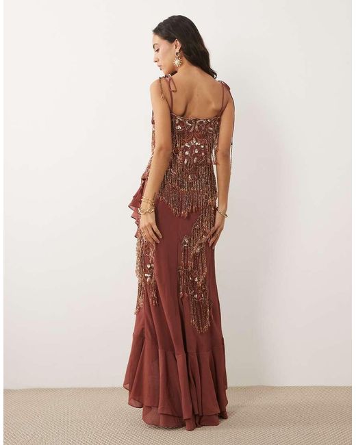 ASOS Brown Embellished Cami Maxi Dress With Ruffle Skirt