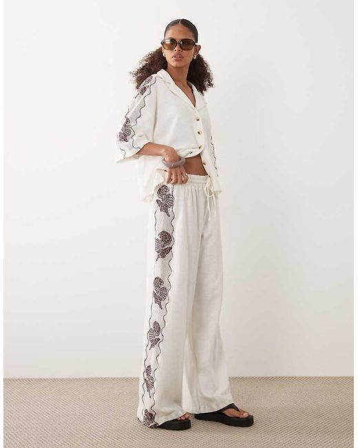 ASOS Natural Textured Jersey Wide Leg Trouser Co-ord With Shell Embroidery