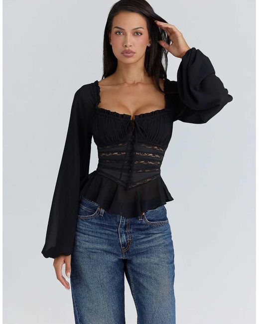 House Of Cb Blue Cara Long Sleeve Georgette Peplum Top