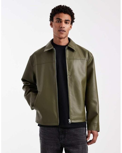 ASOS Green Faux Leather Harrington Jacket for men