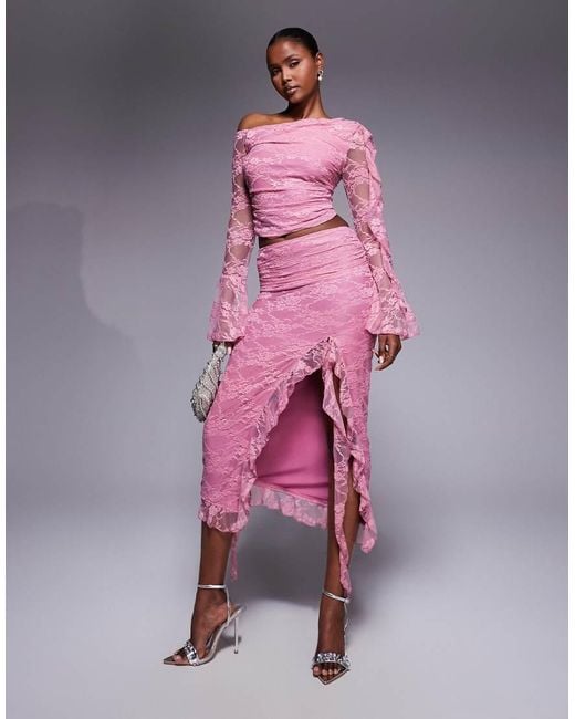 Love Triangle Pink Asymmetric Ruffle Lace Midi Skirt Co-ord