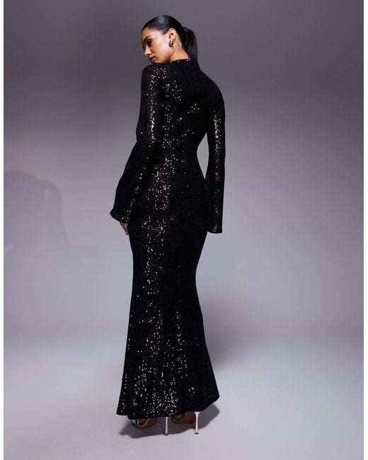 ASOS Blue All Over Sequin Long Sleeve Wrap Front Detail Maxi Dress