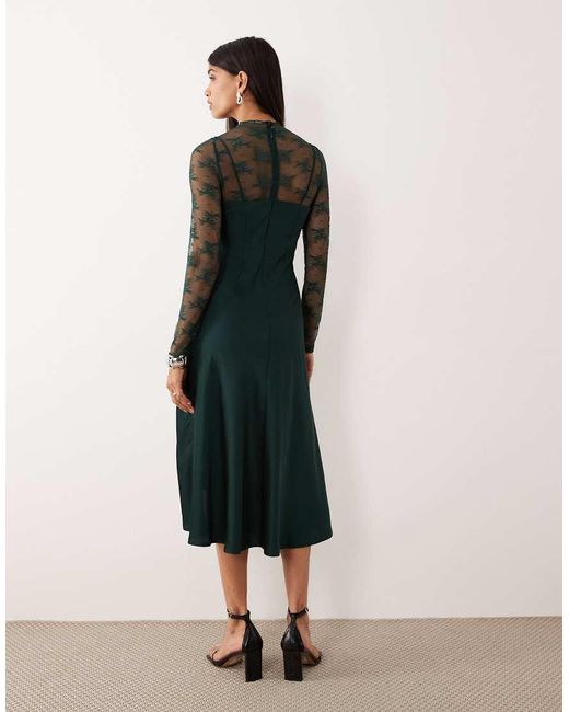 Y.A.S Green Hybrid High Neck Lace Top And Satin Slip Dress