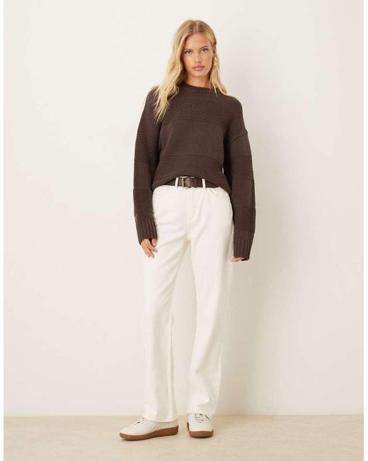 Gina Tricot Brown Crew Neck Textured Stripe Stitch Chunky Knitted Sweater
