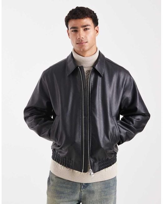 Jack & Jones Black Faux Leather Harrington Bomber Jacket for men