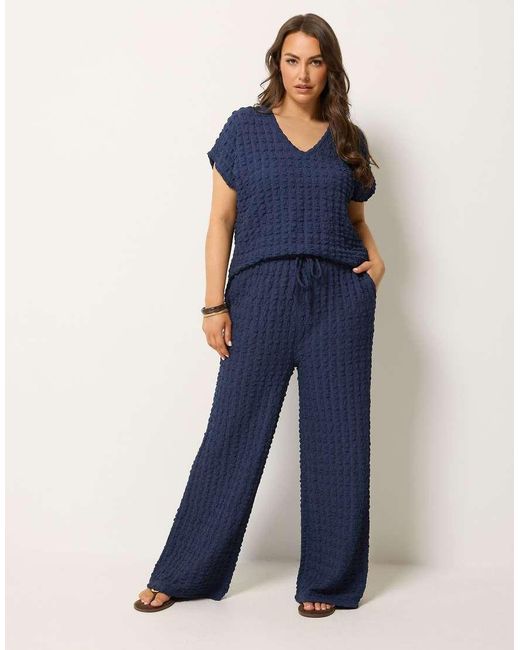 Yours Clothing Blue Bubble Textured Wide Leg Trousers