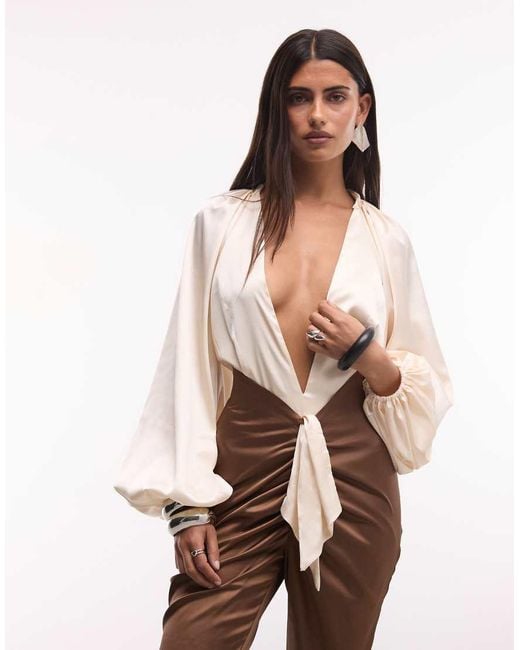 The Dolls House Natural Anthia Premium Satin Plunge Neck Balloon Sleeve Flared Jumpsuit