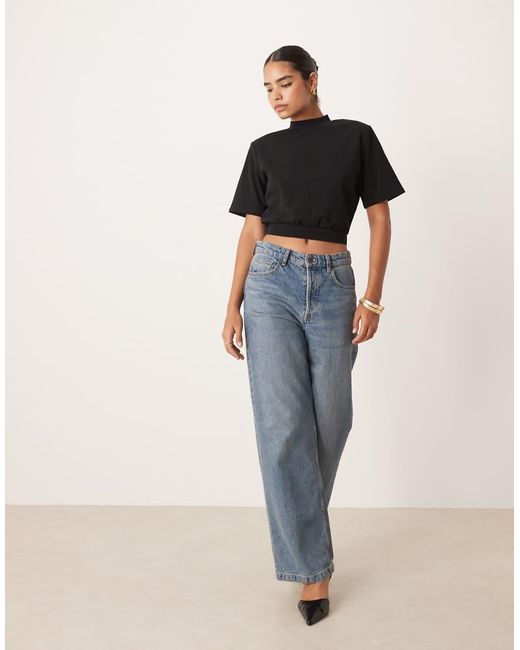 ASOS Black High Neck Shoulder Pad Cropped T-shirt
