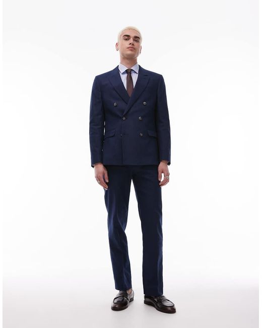 Topman Blue Double Breasted Linen Blend Blazer for men