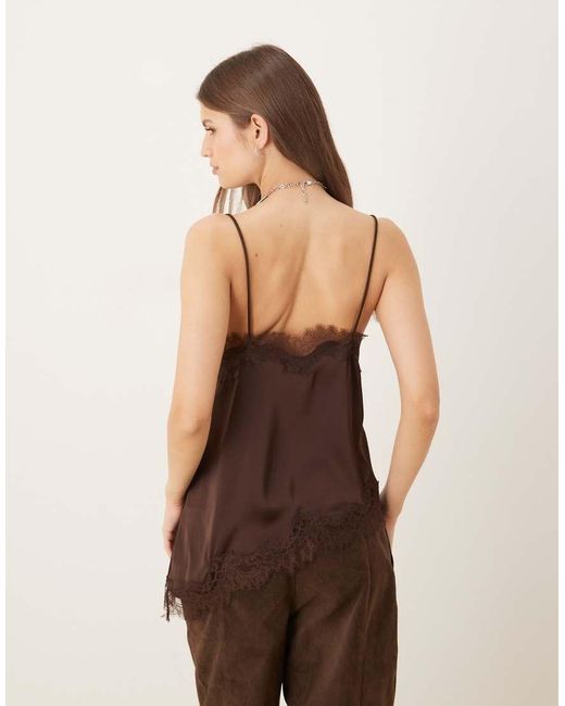 Mango Brown Asymmetric Hem Satin Cami Top With Lace Edge