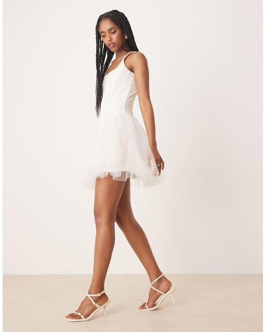 LACE & BEADS Natural Drop Waist Corset Detail Mini Dress