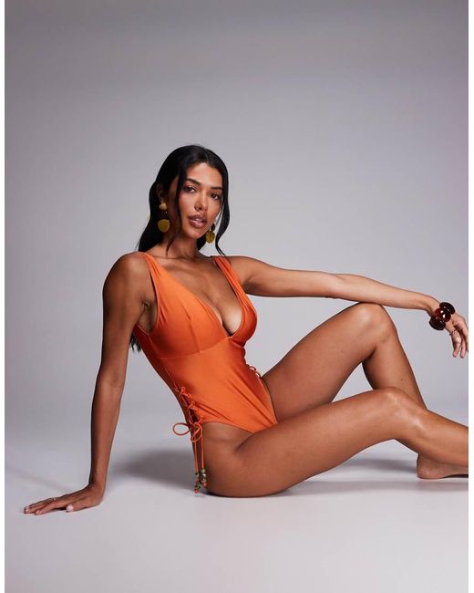 ASOS Orange Fuller Bust Carrie Plunge Lace Up Swimsuit
