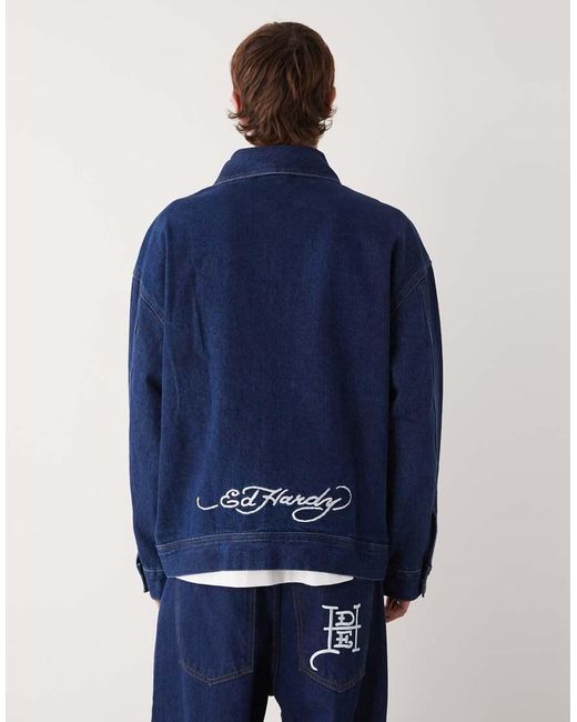Ed Hardy Blue Dragon Embroidery Denim Jacket for men