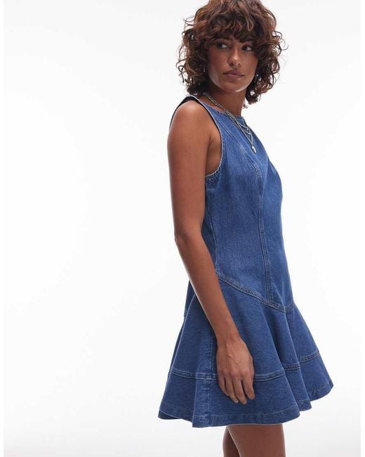 TOPSHOP Blue Denim Slash Neck Dress With Drop Waist