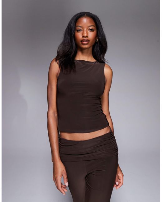 Kaiia Brown Exclusive Double Layered Slinky Slashneck Top Co-ord