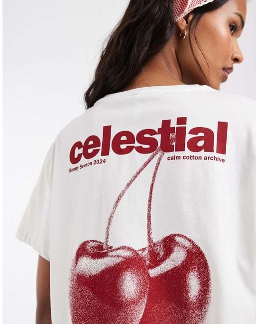 Pieces White Oversized Celestial Cherry Graphic T-shirt