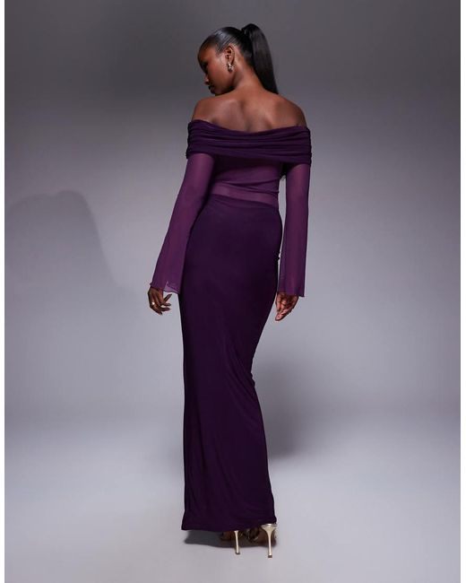 Kaiia Purple Exclusive Double Layered Slinky Foldover Off The Shoulder Sheer Panel Ruched Skirt Maxi Dress
