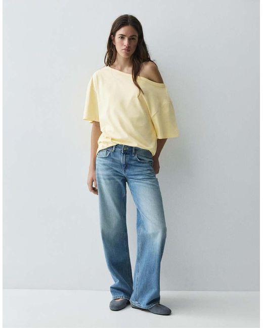 Pull&Bear Blue Asymmetric Short Sleeve T-shirt