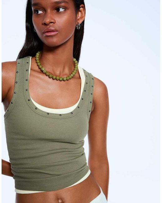 Bershka Green Sleeveless T-shirt With Studs