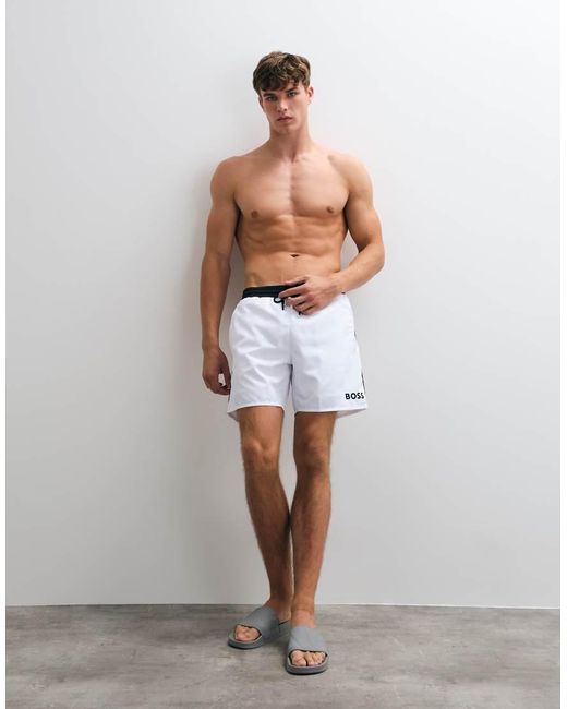 Boss White Starfish Swim Shorts With Logo Print for men
