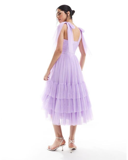 LACE & BEADS Purple Bridesmaid Bow Shoulder Midi Dress