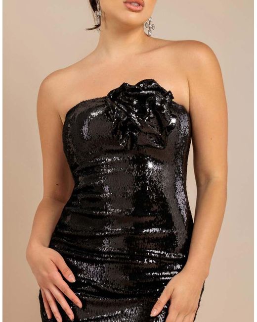Goddiva Natural Liquid Sequin Strapless Midaxi With Corsage