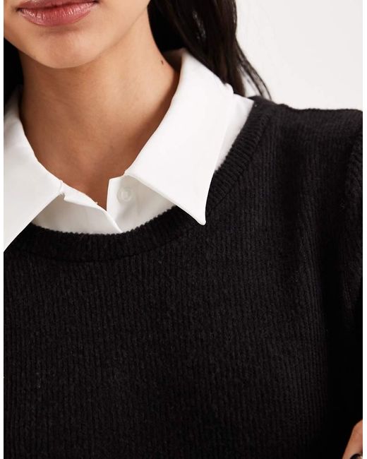 Vero Moda Black 2 In 1 Long Sleeve Knitted Mini Dress With Poplin Collar In