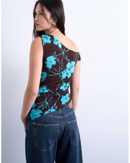 TOPSHOP Blue Floral Print One Shoulder Asymmetric Top