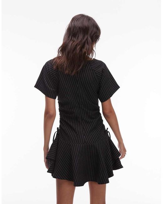 ASOS Black Short Sleeve Mini Dress With Ruching Tie Waist Detail