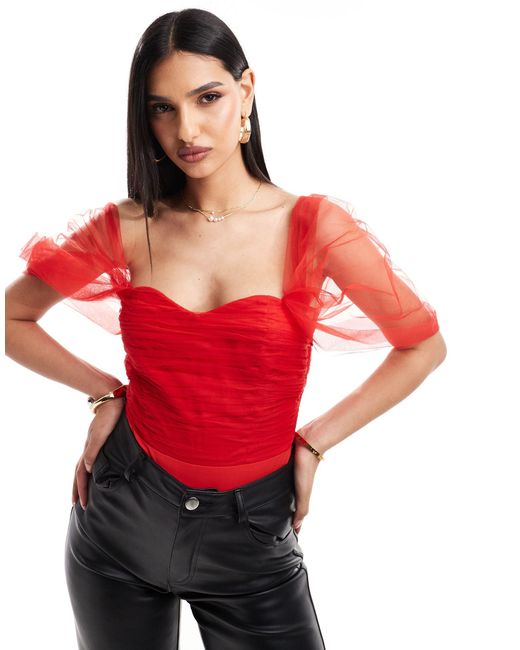 LACE & BEADS Red Tulle Bardot Bodysuit