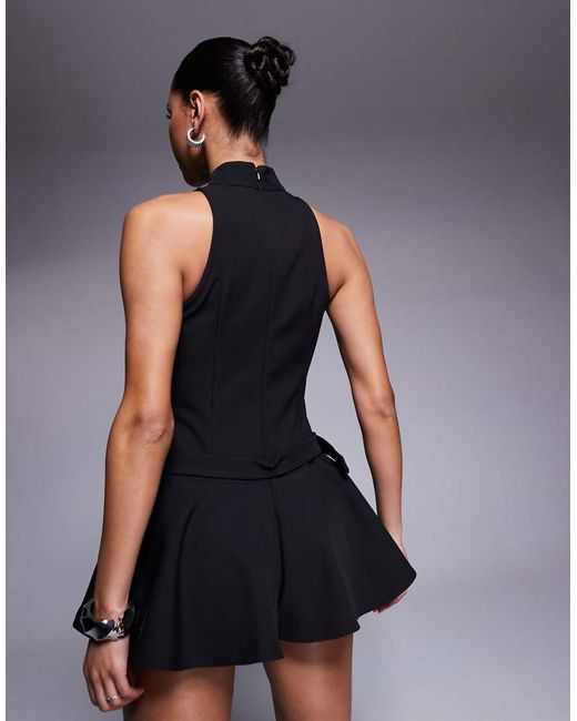 ASOS Blue Structured High Neck Playsuit With Belt An Pep Hem Detail