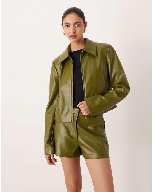 ASOS Green Tailored Faux Leather Zip Front Cropped Blazer Co-Ord