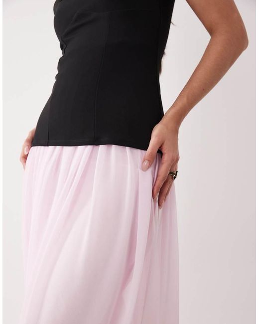 ASOS Pink Off Shoulder Square Neck Corset Maxi Dress With Mesh Bubble Hem