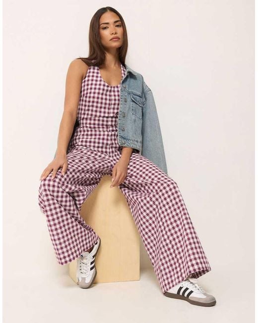 PixieGirl Purple Petite Gingham Wide Leg Jumpsuit