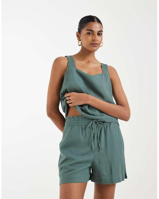 Vero Moda Green Linen Touch Tie Waist Papaerbag Shorts Co-ord