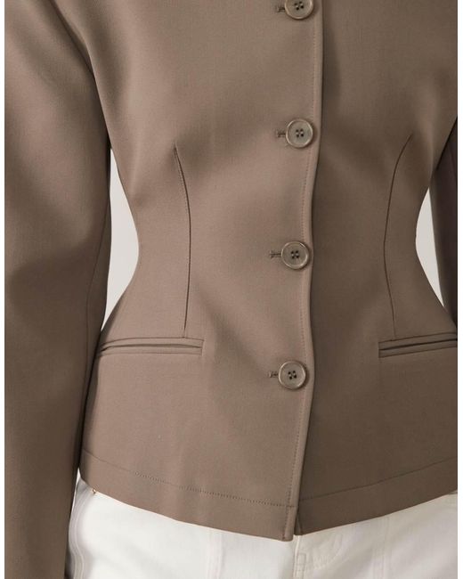 ASOS Brown Collarless Button Through Cinch Blazer