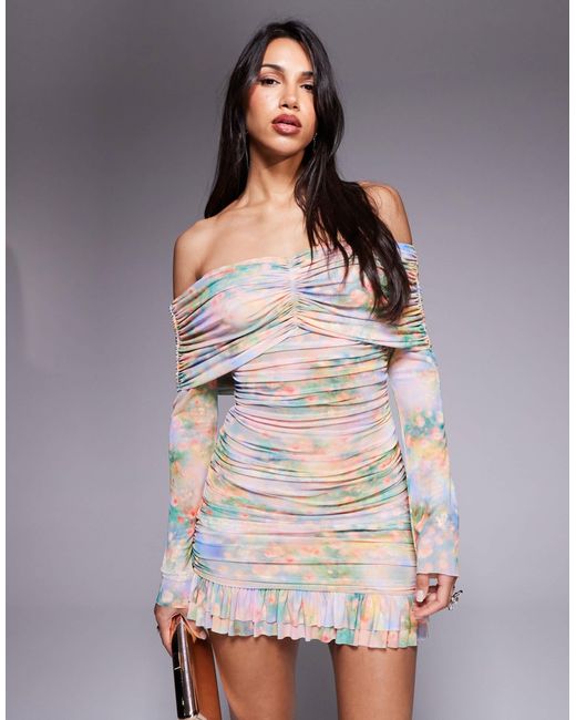 AFRM Long Sleeve Ruched Mini Dress With Ruffle Hem in Gray | Lyst