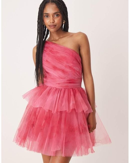 LACE & BEADS Pink One-shoulder Tiered Mini Dress