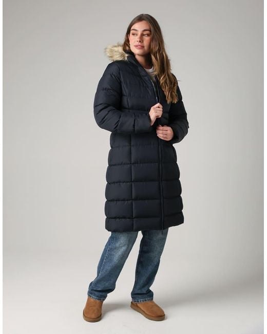 French Connection Blue Midi Padded Parka Jacket With Faux Fur Hood