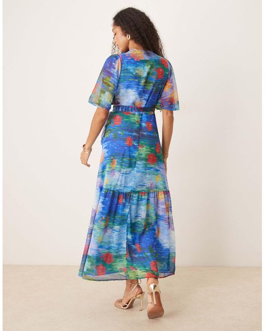 Hope & Ivy Blue Flutter Sleeve Maxi Wrap Dress